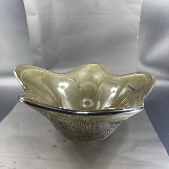 Sasaki Stephen Dweck Glass Bowl Abstract Shape Olive Green Satin Swirl Japan VTG - Picture 10 of 16